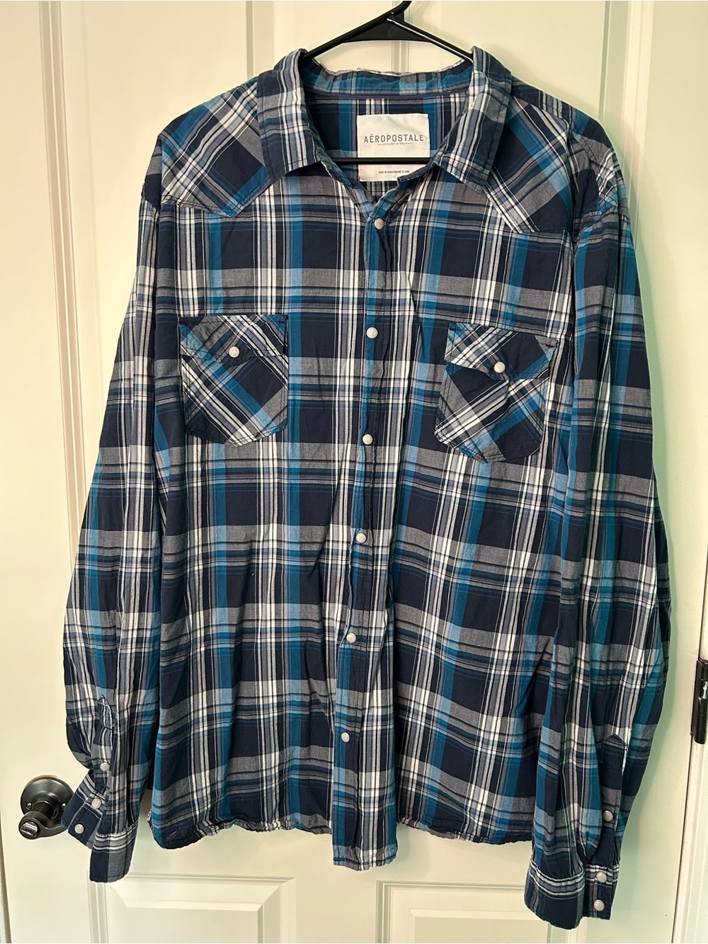 Aeropostale Men's Navy and Teal Western Pearl Snap Button Down Shirt